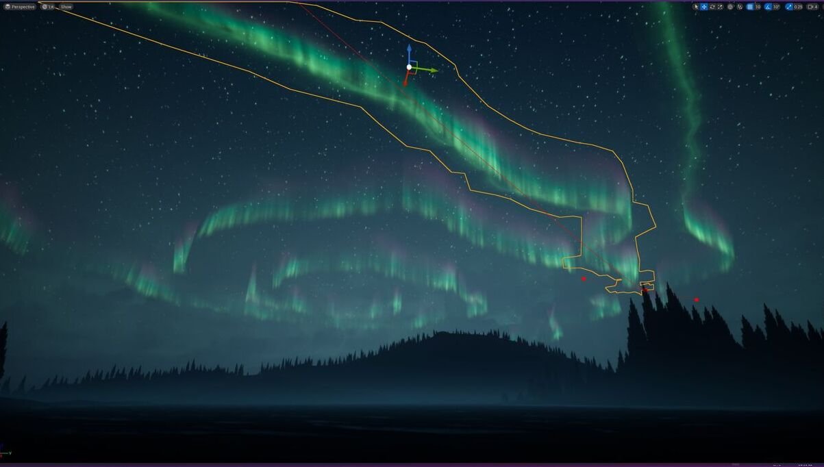 The Aurora Borealis asset being shaped with splines in the Unreal Engine editor